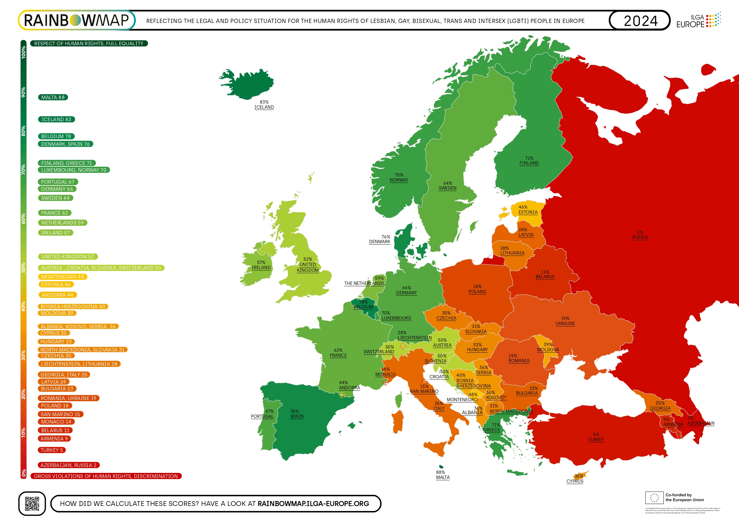 Male l’Italia nella Rainbow Map di Ilga-Europe e nella Trans Right Map Tgeu 2024. Più vicini alla Russia che ai paesi dell’UE